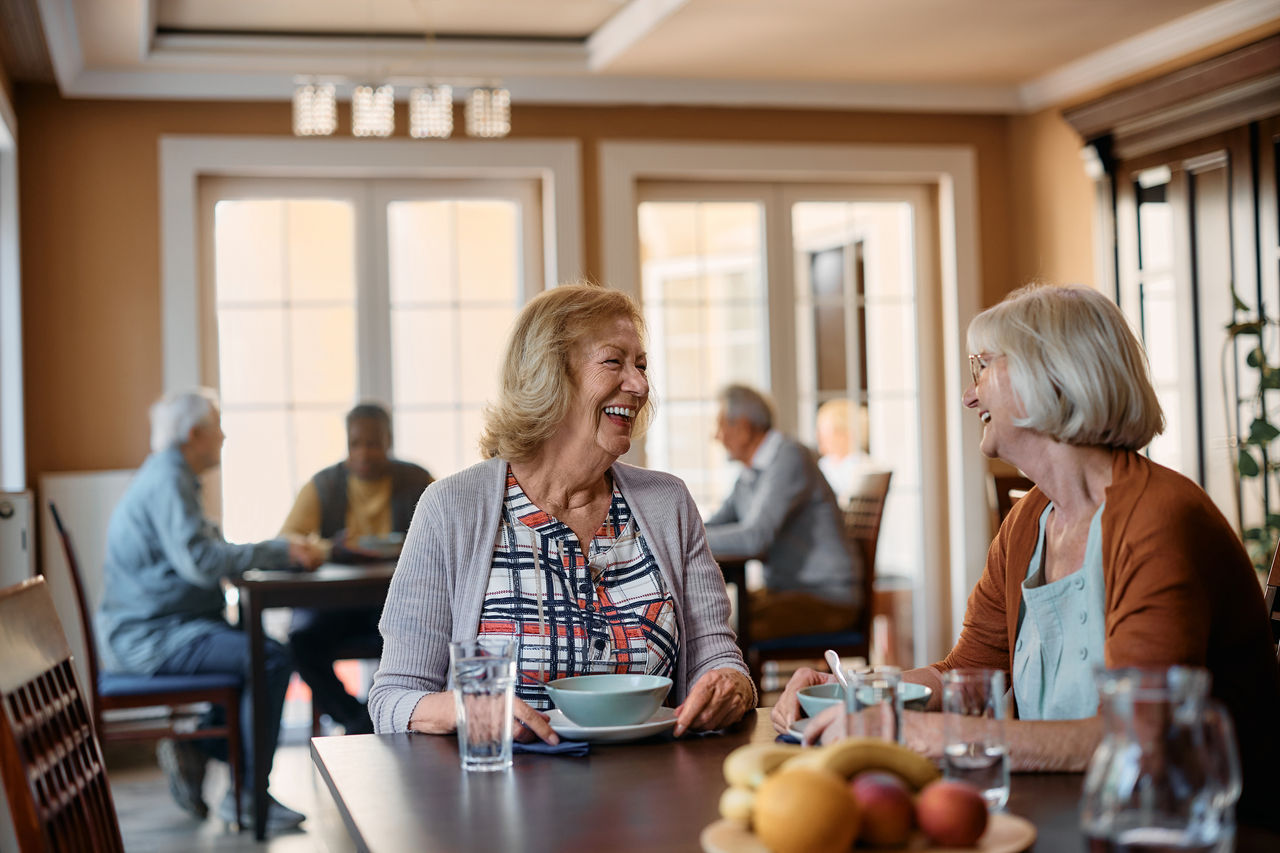 Happy mature women having fun during conversation in dining room of nursing home.
